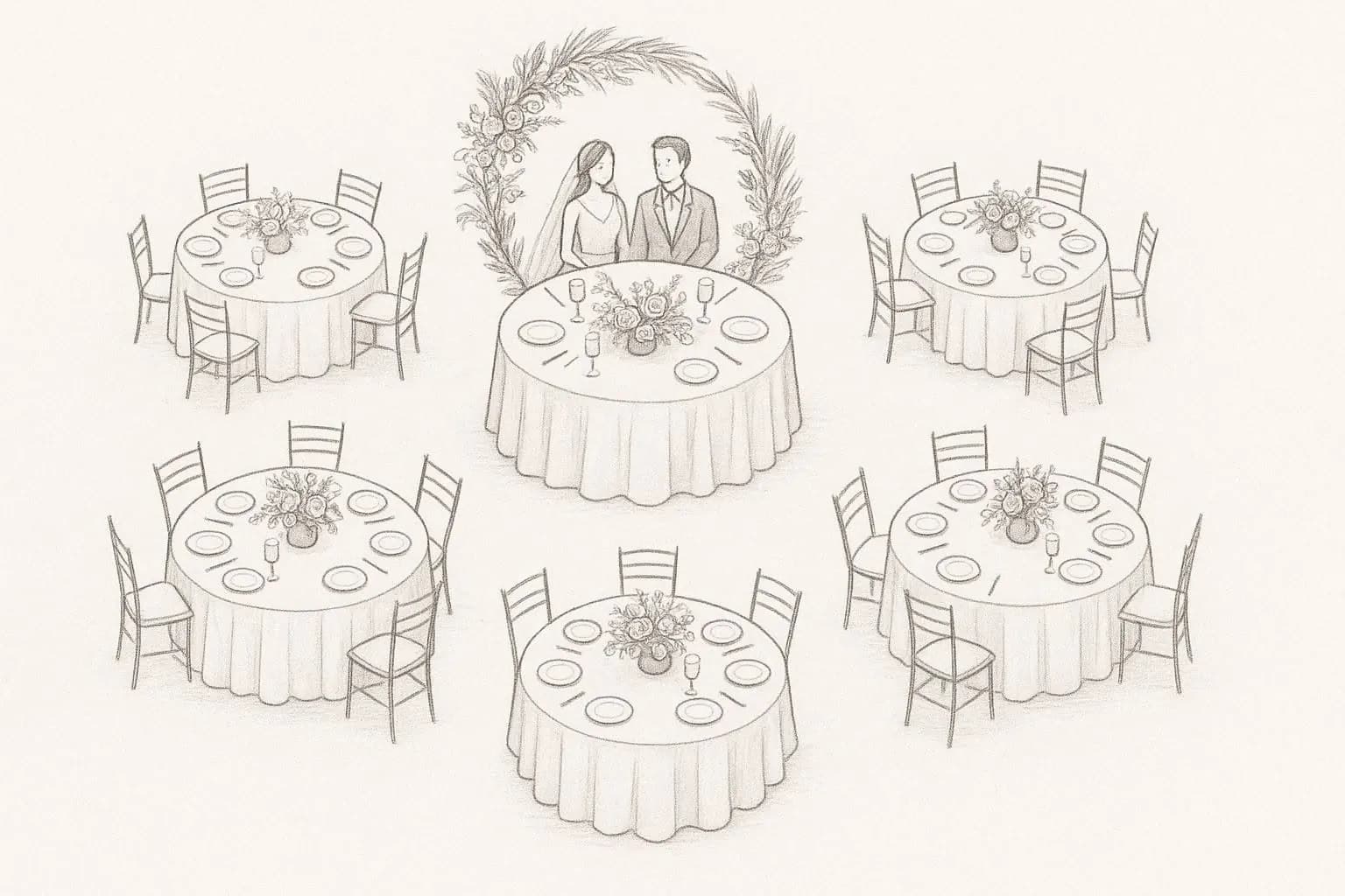 Croquis d’une réception : tables rondes fleuries et arche autour du couple